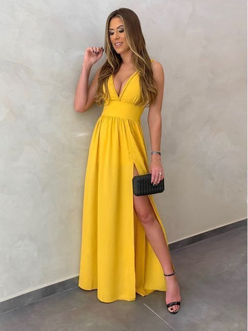 Yellow V neck Evening Dresses, Long Prom Gown, A Line Prom Dresses with Slit HZ1023